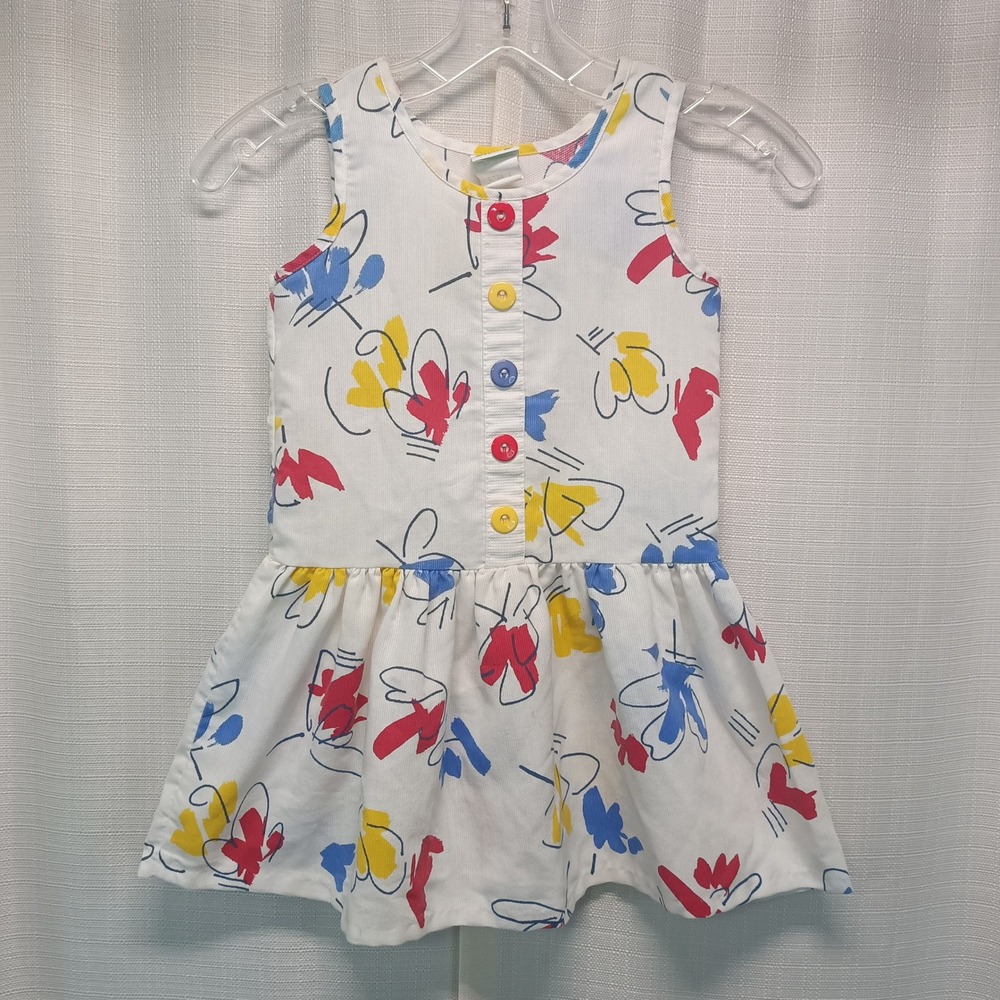Vtg 80s Kate Greenaway Girls Abstract Print Dress White Primary Colors Size 6